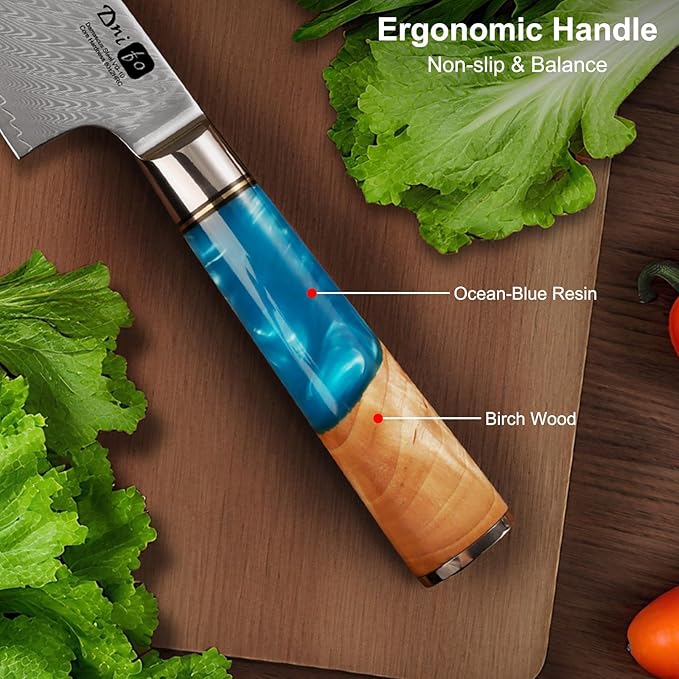 Chef Knife 8 Inch, Damascus VG-10 Steel Sharp Japanese Kitchen Knife with Gift Box and Resin Wood Handle, Ideal Birthday Gift for Men and Women