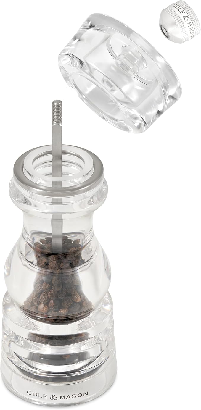 Cole & Mason London Refillable Spice Mill - Kitchen & Home Accessory - Salt & Pepper Grinder Set - Salt Mill with Ceramic Mechanism - Pepper Mill with Carbon Steel Mechanism - 7", Acrylic