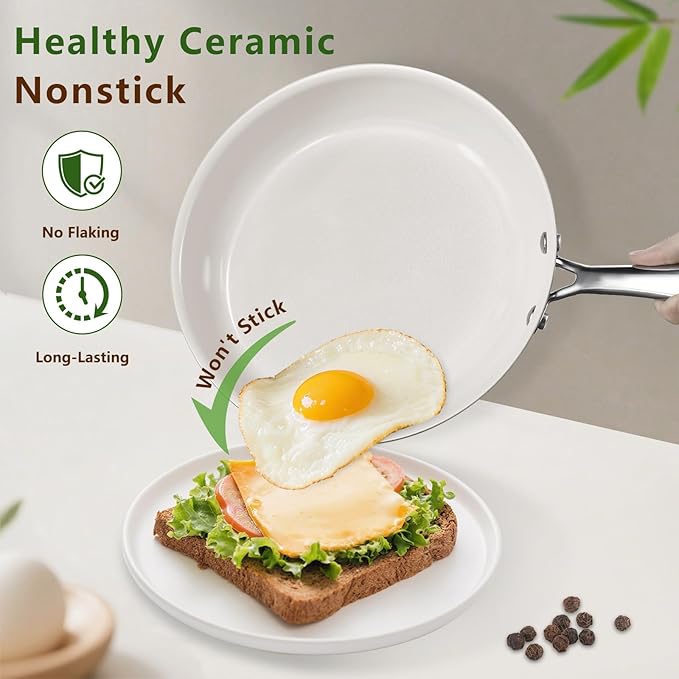 9.5 Inch Nonstick Ceramic Frying Pan, Tri-Ply Stainless Steel Skillet with Stay-Cool Handle, PFAS/PFOA/PTFE Free, No Seasoning Required, High Heat & Induction Safe, Dishwasher/Oven Safe