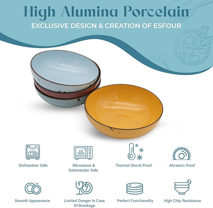 Esfour Round Porcelain Bowls - 18 Ounce - Set of 4 - Microwave, Oven, Dishwasher-Safe, Scratch Resistant, Porcelain Durable Small Dishes Bowls for Cereal, Salad, Pasta, Soup, Dessert - Assorted Vivid