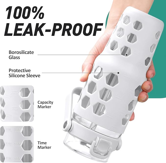 MUKOKO 32 oz Glass Tumbler with Straw,Glass Water Bottles with Time Marker,Iced Coffee Cup with Silicone Sleeve,Motivational Drinking Bottles,Leakproof-White