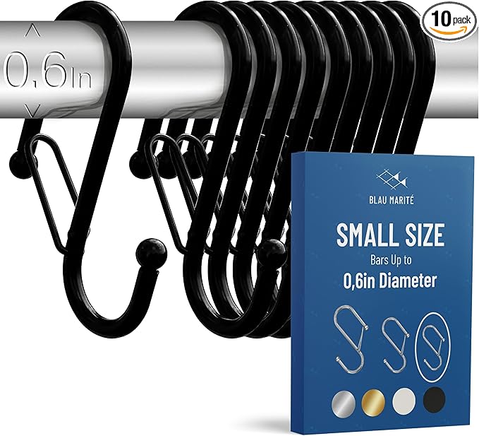 10-Pack Metal S Hooks for Hanging – Heavy-Duty S-Shaped Hook with Safety Buckle – Fits Bars up to 0.6 in – Anti-Drop Hooks for Kitchen, Pot Racks & Towel Bars – Black (Small)