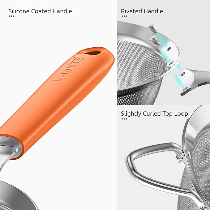 18/8 Stainless Steel Mesh Strainer: U-Taste 5.5 Inch Kitchen Fine Mesh Sieve Food Colander with Riveted Sturdy Silicone Handle and 30 Mesh Hole for Straining Flour, Pasta, Fruit, Quinoa (Orange)