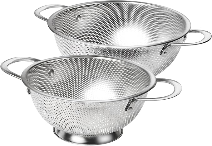Premium Stainless Steel Colander for Kitchen, Food Strainer Basket with Handle and Solid Ring Base for Fruits Vegetables Rice and Pasta, Dishwasher Safe (3QT+5QT)
