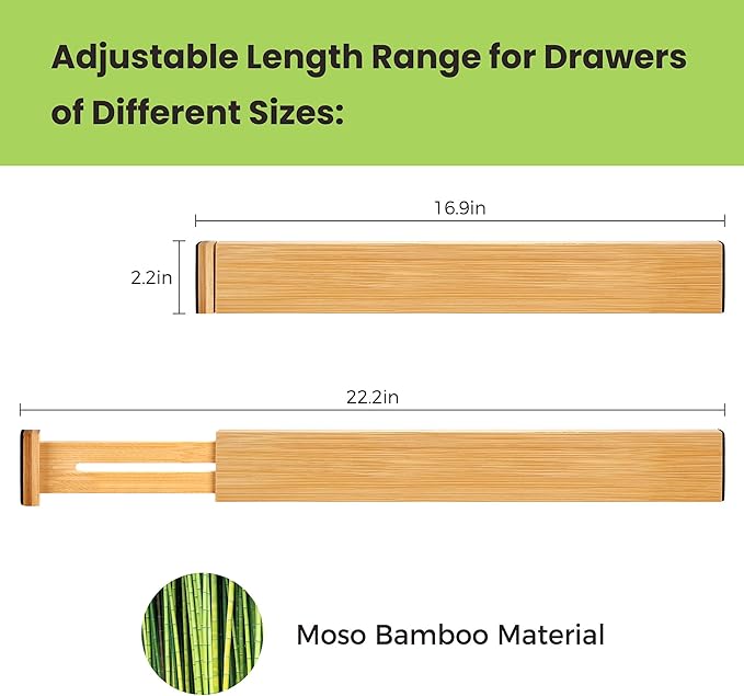 Drawer Divider, Adjustable Bamboo Kitchen Drawer Organizer, Spring Loaded Drawer Organizer, Dresser Separators for Kitchen, Bathroom, Clothes, Office Desk Storage (Natural, 4 Pack Large)