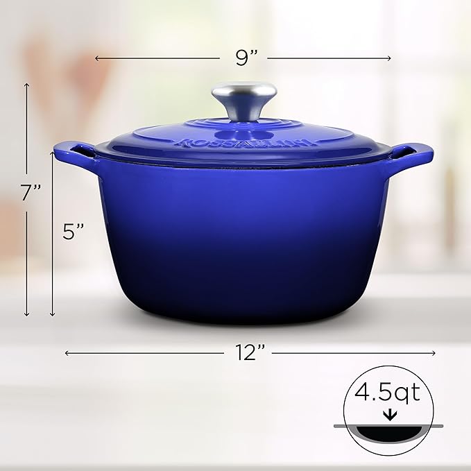 Signature Enameled Cast Iron Dutch Oven, Non-Stick Serving Pot with Tight Fitting Lid for Perfect Roasting, Baking, Sauteing, and Bread Making | 4.5Q (4.2L) - Indigo Blue