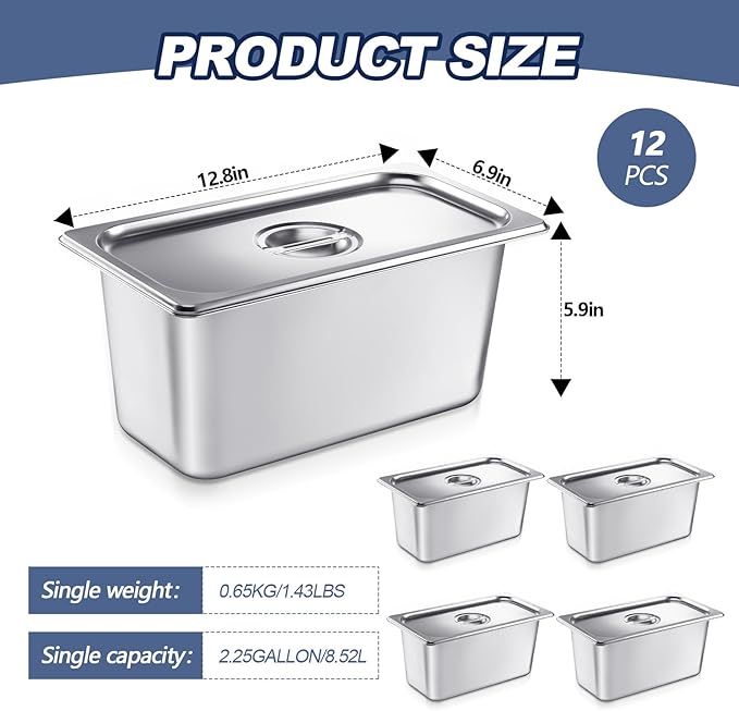 Mifoci 12 Pack Stainless Steam Hotel Pan with Lid, 1/3 Size x 6 Inch Deep Restaurant Supplies Reusable Anti Rust Steam Water Pan for Home, Party, Restaurant, Hotel, Buffet
