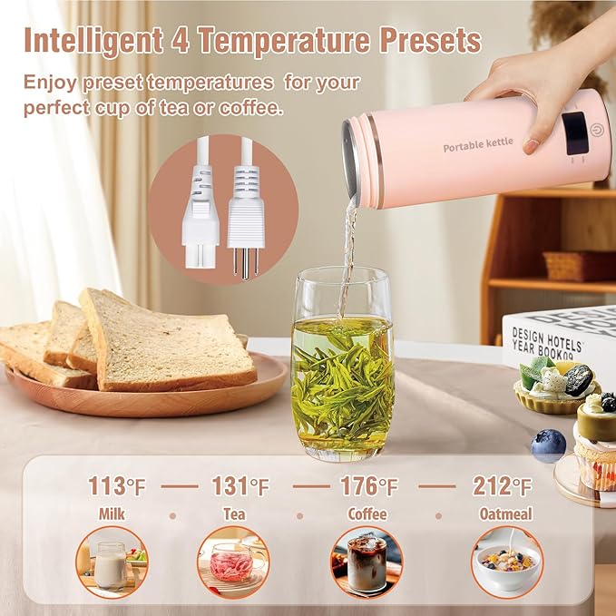 Travel Electric Kettle Portable Mini Kettle,Small Hot Water Boiler with 4 Temperature Settings,304 Stainless Steel,Fast Boiling Water with Auto Shut-Off and Boil Dry Protection (Pink, 400ml)