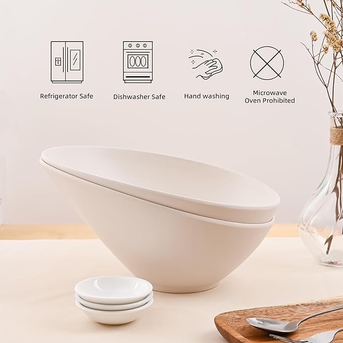 Salad Bowls, 4 Packs Serving Bowl, Compostable 33 Ounce Pasta Bowls, Elegant White Angled Bowl for Salad, Pasta, Soup, Prep, Ideal for Home and Restaurant