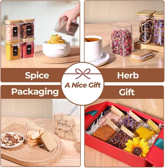 Comsaf Spice Jars with Label,8 oz Small Glass Jars with Lids, 6 Pcs Seasoning Containers, Rectangle Glass Containers with Lids, Empty Seasoning Jars for Pantry Storage, Loose Tea, Herbs, Powders, Salt