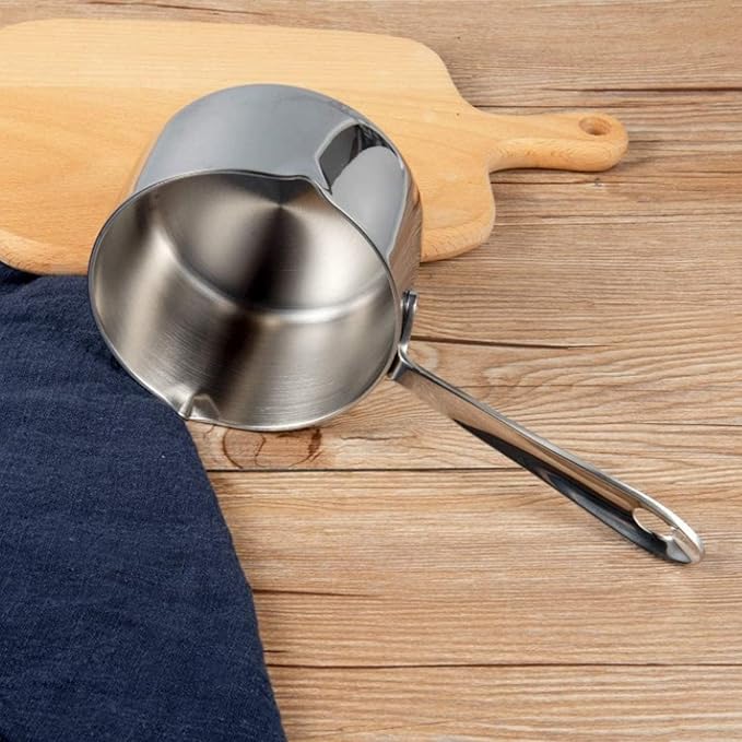 Stainless Steel Saucepan, 10oz Butter Melting Pot Butter Warmer with Dual Spouts and Long Handle Stove Top Thickened Sauce Pan for Milk Butter Sauce