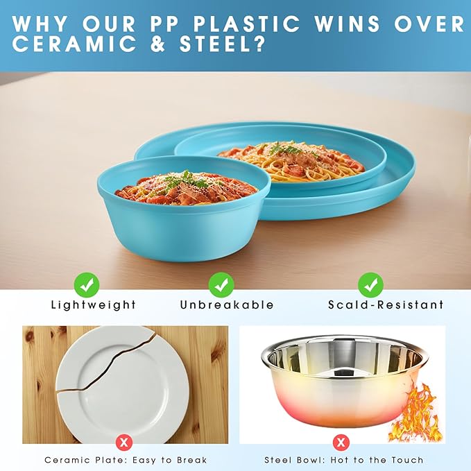 Plastic Dinnerware Sets – 40-Piece Blue Plates and Bowls Sets, Unbreakable, Reusable Dishes Set for 8 with Cups, Knives, Forks and Spoons, for Camping and Outdoor Use