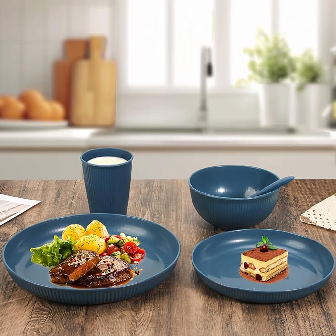 OAMCEG Plates and Bowls Sets Kitchen 42 Pcs, Plastic Wheat Straw Dinnerware Set, Dinner Plate/Dessert Plate/Cereal Bowl/Cup/Flatware Set, Dishwasher Microwave Safe, Outdoor Camping Dishes, Navy