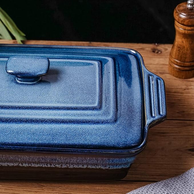 KOOV Ceramic Casserole Dish with Lid, Covered Rectangular Casserole Dish Set, Lasagna Pans with Lid for Cooking, Baking dish With Lid for Dinner, Kitchen, 9 x 13 Inches, Reactive Glaze (Nebula Blue)