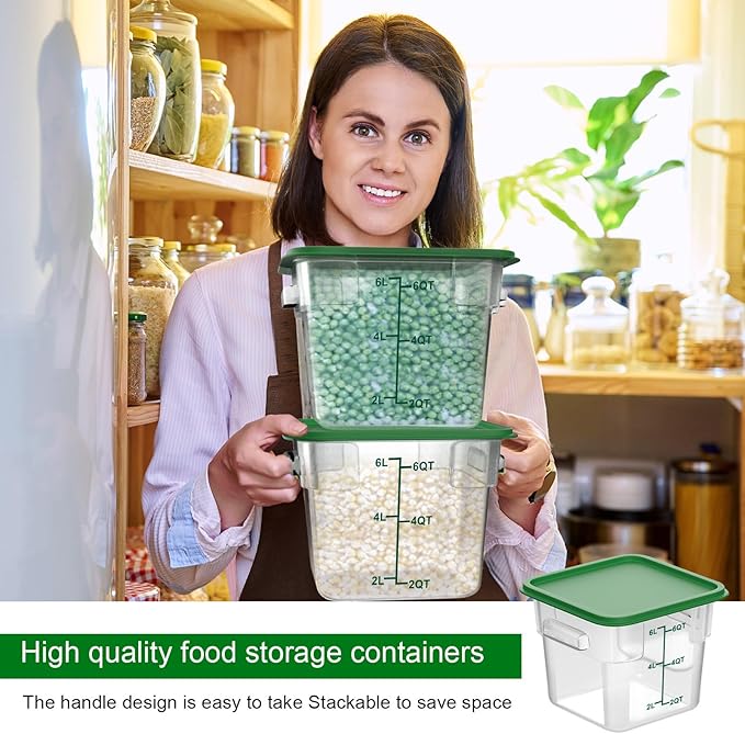 2 Pieces Square Food Storage Containers Polycarbonate Clear food Container with Lid Commercial Storage with Graduations for Commercial Kitchen Dough Marinating Meat(Green, 6 Qt)