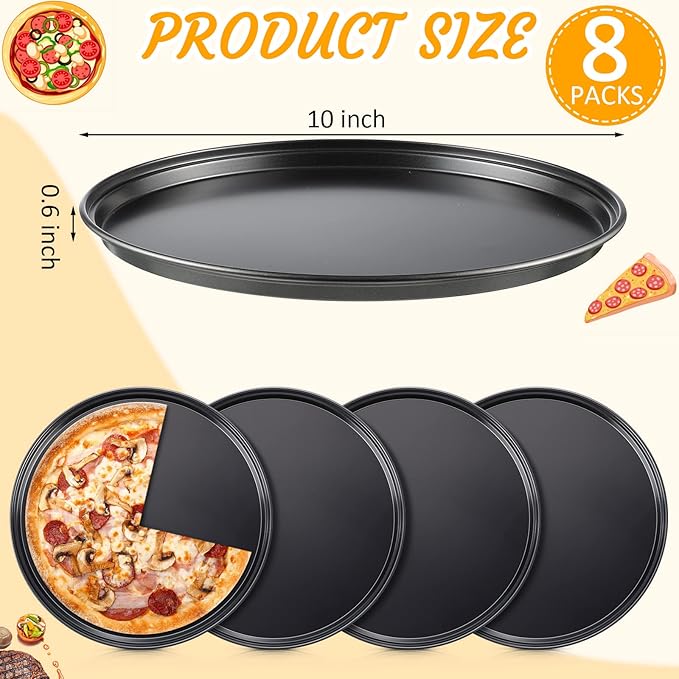 Meanplan 8 Pcs Non Stick Bakeware Pizza Pan Round Pan for Oven Carbon Steel Oven Tray Pie Baking for Home Restaurant Kitchen Baking Supplies, Black(10 Inch)