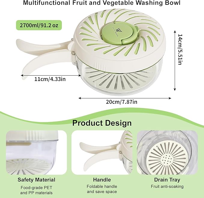 Large 2.85QT(2.7L) Multipurpose Drain Basket with Lid, 2 in 1 Fruit and Vegetable Washing Bowl with Strainer, Plastic Colander for Kitchen and Fridge, Washing Fruits and Vegetables