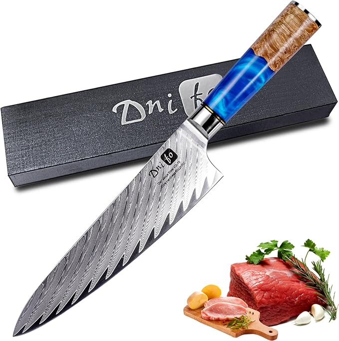 Chef Knife 8 Inch, Damascus VG-10 Steel Sharp Japanese Kitchen Knife with Gift Box and Resin Wood Handle, Ideal Birthday Gift for Men and Women