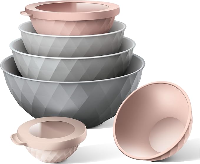 COOK WITH COLOR Mixing Bowls with Lids - 12 Piece Plastic Nesting Bowls Set includes 6 Prep Bowls and 6 Lids, Diamond Design - Microwave Safe (Mint)
