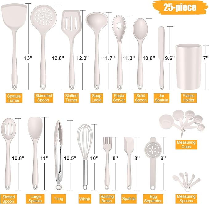 E-far Silicone Cooking Utensils Set, 25 Piece Kitchen Utensils with Holder, Non Toxic Kitchen Tools Spatula, Turner, Spoon, Ladle, Heat Resistant & Dishwasher Safe - Khaki