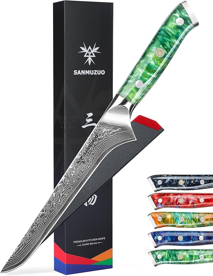 7 inch Fillet Knife, VG10 Damascus Steel Fish Boning Knife with Resin Handle - Xuan Series (Jade Green)