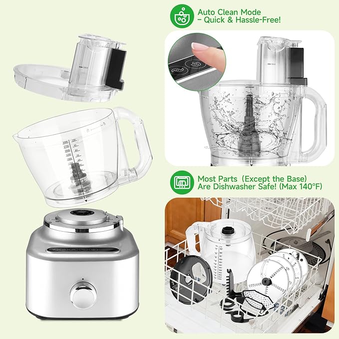 Homtone 16 Cup Food Processor, Large 11-in-1 Heavy Duty Food Processors and Blender Combo- 5 Preset Modes for Chopping,Shredding, Slicing, Kneading, Blending, Stepless Speed Control, 650W, Silver