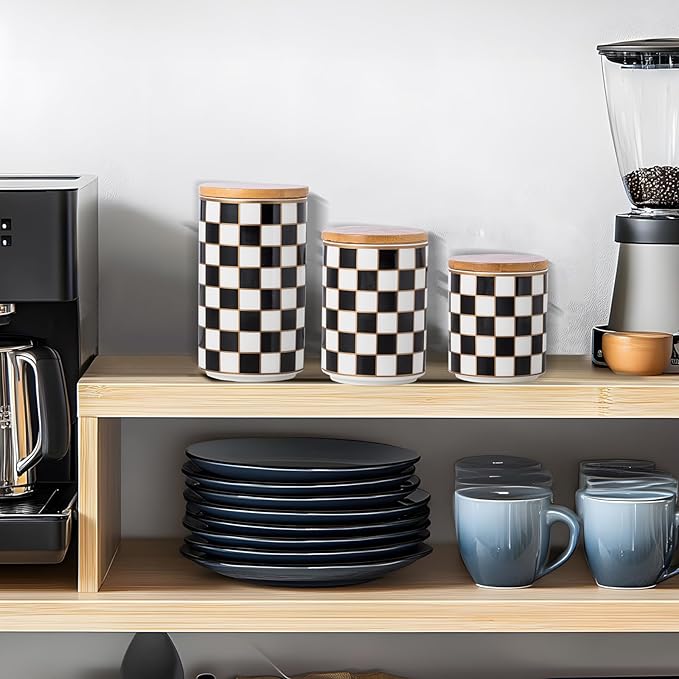 Kitchen Countertop Ceramic Checkered Canisters Set, 3Pcs Grid Pattern Kitchen Jars with Layered Shelves, Sealed Countertop Flour and Sugar Containers, Coffee and Tea Storage
