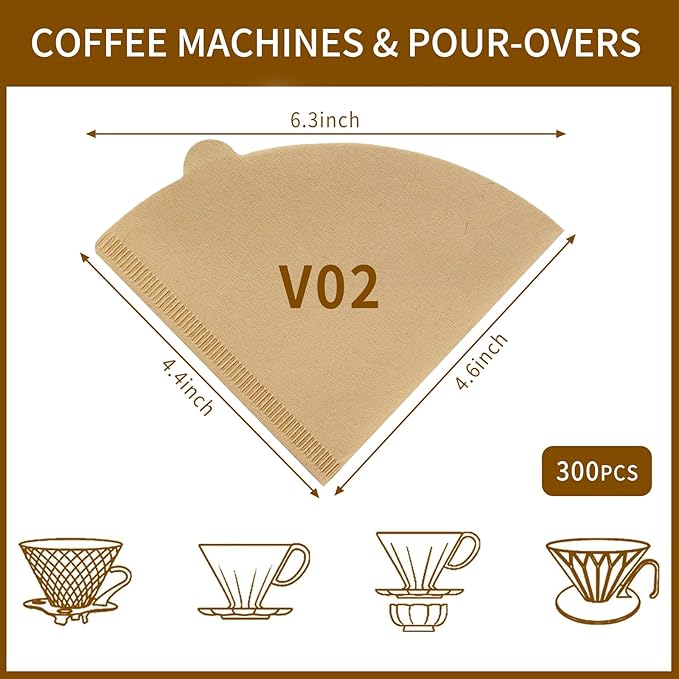 V60 Coffee Filters, 300 Count Size 02 Pour Over Coffee Filter, 1-4 Cups Disposable Cone Paper Coffee Filters 2, Compatible with Conical Shaped Dripper and Drip Coffee Maker (Natural)
