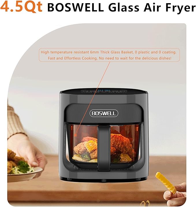 BOSWELL 4.5 QT Glass Air Fryer, 6 IN 1 Air Fryer Non-Toxic,Temperature Control, 5 Preset Menue Intelligent Panel Gray