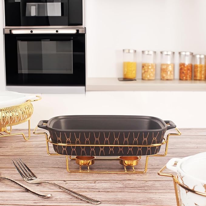 10" x 7" Ceramic Rectangular Casserole Dish with Glass Lid and rack, 1.3 Quart Serving Soup Tureen,Chafing Dish for Buffet, Family Food preserve Tray, Catering for Party Style, Black