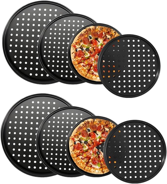 Round Pizza Pans with Holes 8 Packs Nonstick Carbon Steel Pizza Tray for Oven, 9/10/11/12 Inch
