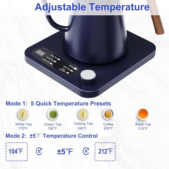 Gooseneck Electric Kettle - 1200W Quick Boil, Temp Control with 5 Presets & ±5℉ Adjustment, Accurate Pouring, 24oz Small Pour Over Coffee & Tea Kettle, 2H Auto Keep Warm, Stainless Steel, Blue