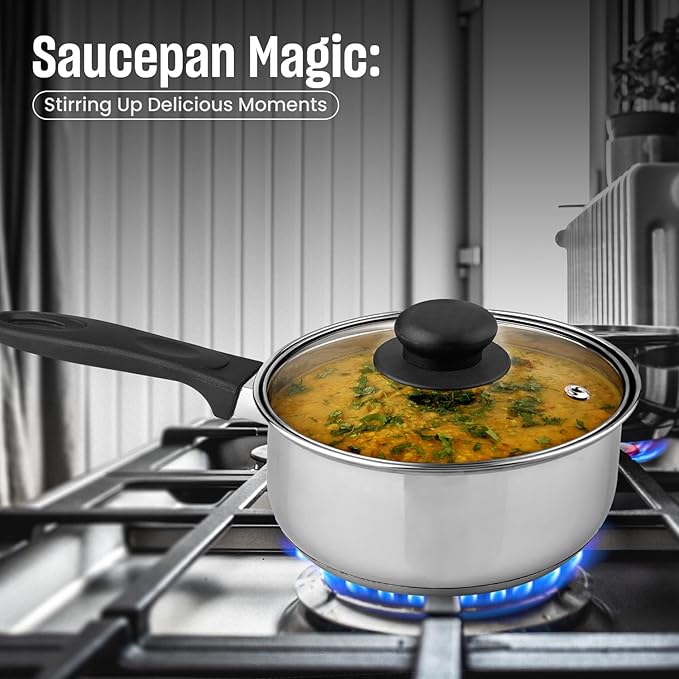 MARBELLA 1 Quart Stainless Steel Saucepan with Glass Lid & Bakelite Handle – Food Grade, Nickel Free, Heavy Duty Multipurpose Pot for Gas & Dishwasher Safe (Silver)