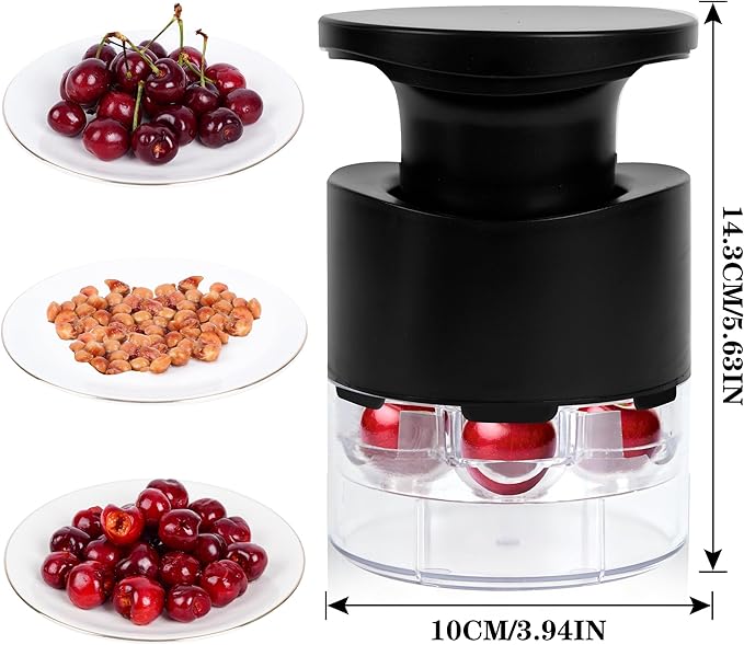 Cherry Pitter, 7-Hole Long Plunger Push Button Cherry Core Remover Tool with Splatter Protector, Quickly Pitting Cherries for Making Jam, Pies (Black)