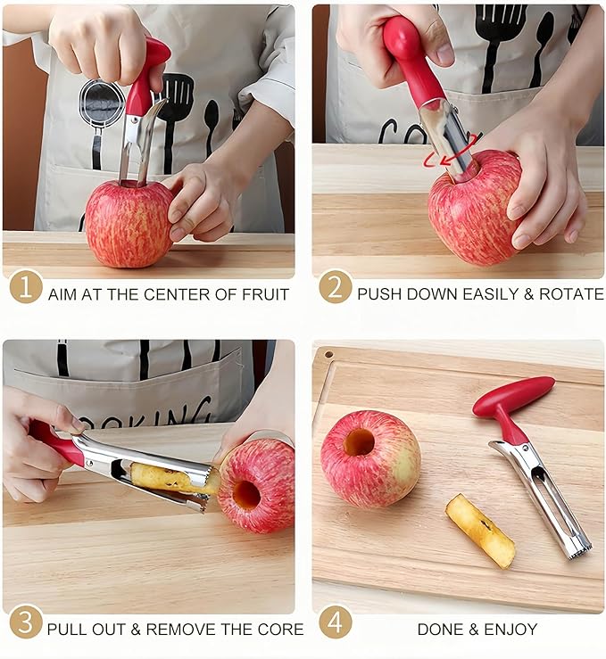 4pcs Fruit Prep Tool Set – Apple Corer & Cherry Pitter (Sturdy & Easy to Use) + Bonus Avocado Slicers – Great for Summer Fruit Season