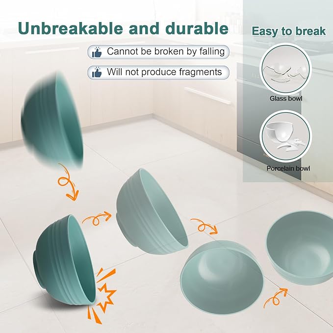 12 Pcs Unbreakable Cereal Bowls Set, 26 Oz Wheat Straw Bowls Set, Microwave & Dishwasher Safe Rice Bowls for Kitchen, Reusable Plastic Bowls for Soup, Salad and Snack, BPA Free, Multicolor