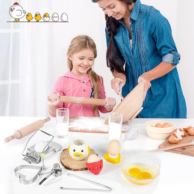 10-in-1 Egg Tool Set:1 Chalaza Remover Tongs,2 Piercers,2 Fry Rings,2 Brush Cleaners,1 Shell Opener,1 Egg Separator,1 Egg Slicer -All Essential Egg Prep Gadgets for Perfect Cooking