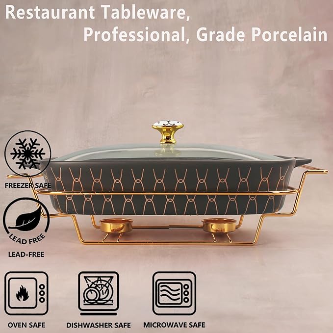 9" x 6" Ceramic Rectangular Casserole Dish with Glass Lid and rack, 30 oz Serving Soup Tureen,Chafing Dish for Buffet, Family Food preserve Tray, Catering for Party Style,Black