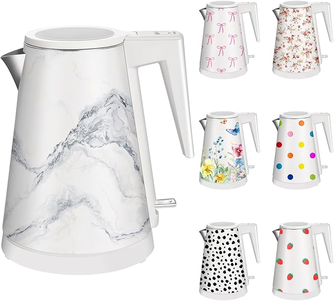 1.2L Double Wall Stainless Steel Interior Water Boiler, Cordless, 1000W Fast Boil with LED Light Coffee Pot & Tea Electric Kettle, Auto Shut-Off and Boil-Dry Protection (White Marble)
