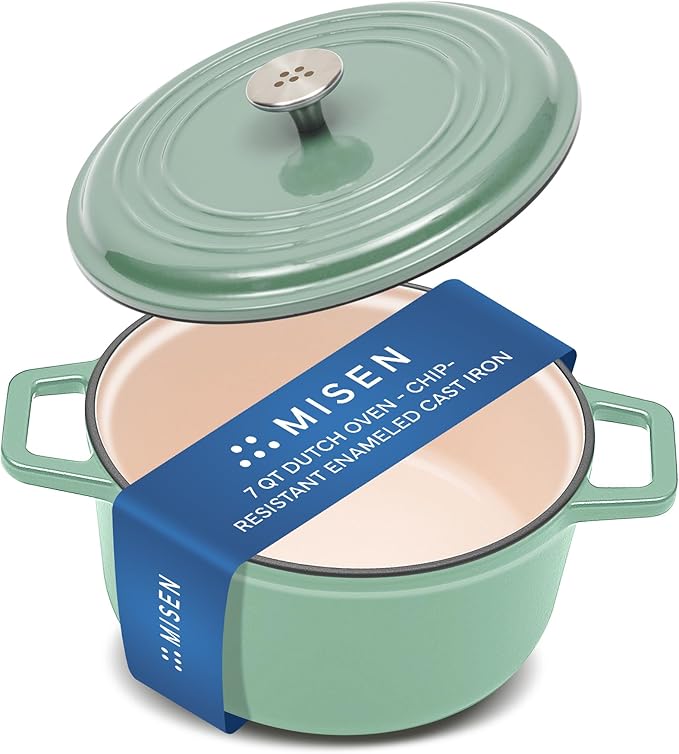 Misen 7 QT Enameled Cast Iron Dutch Oven - Chip-Resistant Enamel Coating - Thick Iron Core For Heat Retention - Large Cooking Surface - Oven Safe, Induction Compatible - Traditional Lid, Green