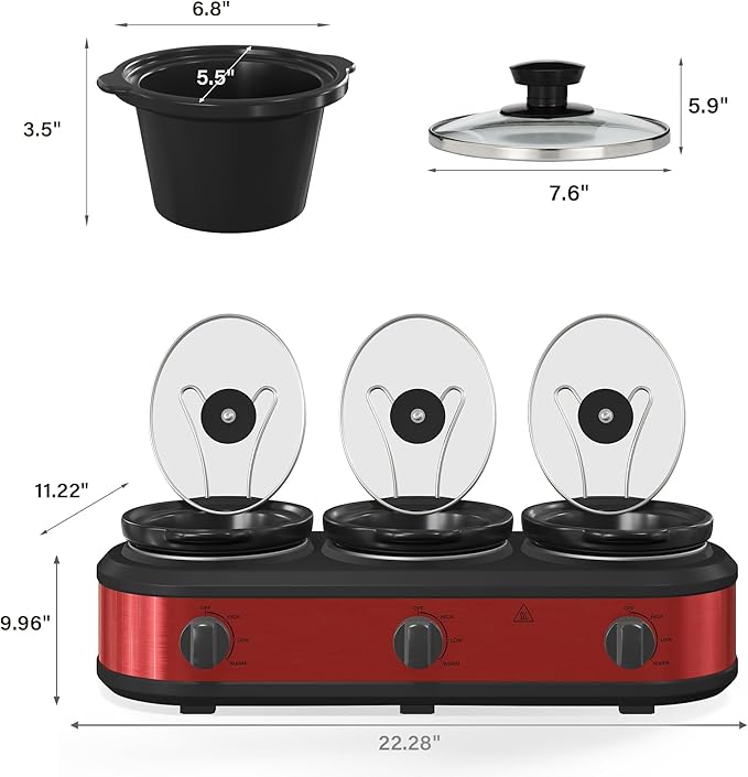 Triple Slow Cooker, 3 x 1.5 QT Portable Small Dual Crock Cooker, Buffet Servers and Warmers Dishwasher Safe, Removable Ceramic Pot Glass Lid, Stainless Steel, Red
