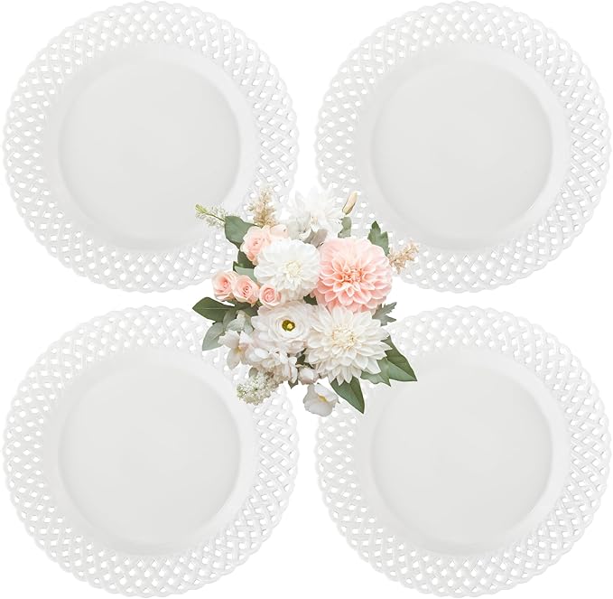 Large White Dinner Plates 12 inch, Ceramic Dinner Plates Set of 4, Basketweave Wide Rim Stackable Hotel Value Round Coupe Shape for Restaurant, Kitchen, Party, Home, Gifts, Microwave Dishwasher Safe