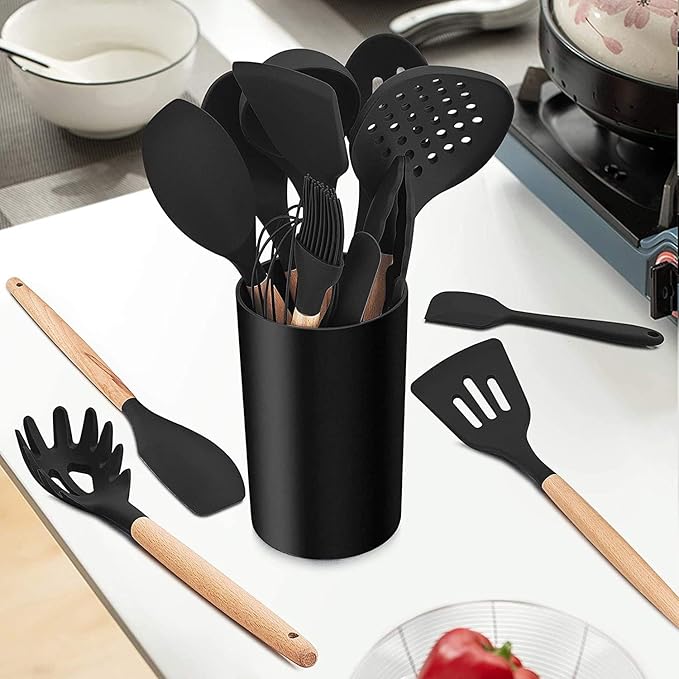 LIANYU 15-Piece Kitchen Silicone Cooking Utensils Set with Holder, Wooden Handle Kitchen Tools Include Spatula Tong Slotted Spoon Turner Whisk Brush, Black