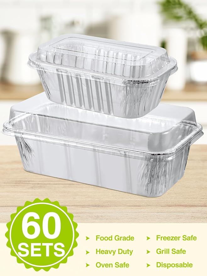 60 Pack Disposable Aluminum Loaf Pans with Lids Combo Set - 30 Pack 8.5x4.5x2.5 Foil Loaf Pans & 30 Pack 6x3.5x2 Mini Tin Foil Baking Pans Tin Trays Food Containers for Baking Cakes Bread Meat