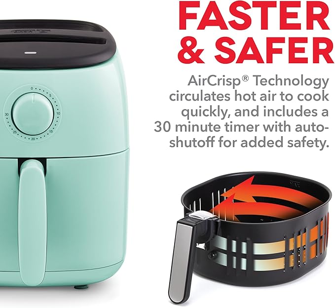 DASH Tasti-Crisp™ Express Air Fryer Oven, 2.6 Qt., Aqua – Compact Air Fryer for Healthier Food in Minutes, Ideal for Small Spaces - Auto Shut Off, Analog, 1000-Watt