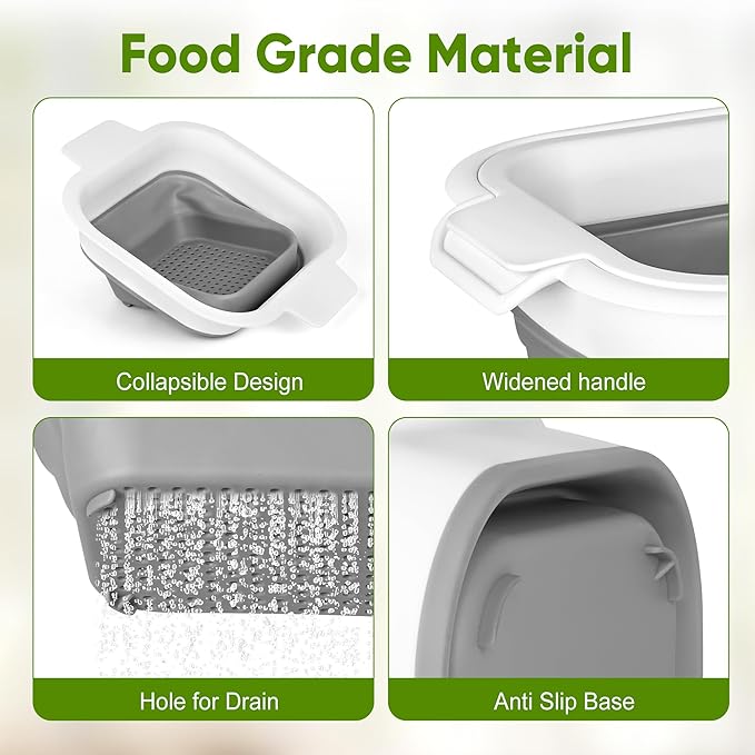 ROTTOGOON Collapsible Colander Set with Strainer Bowl, 2 in 1 Fruit Washing Basket with Strainer, 5 + 3 QT Plastic Colanders for Kitchen, Foldable Double Layered Colanders Bowl for Vegetable, Grey