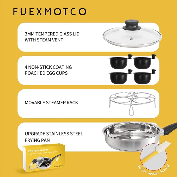 Egg Poacher Pan, Stainless Steel Egg Poaching Pan for Benedict Breakfast Maker, Poached Egg Cookware with 4 Nonstick Large PFOA Free Egg Poacher Cups and Silicone Spatula