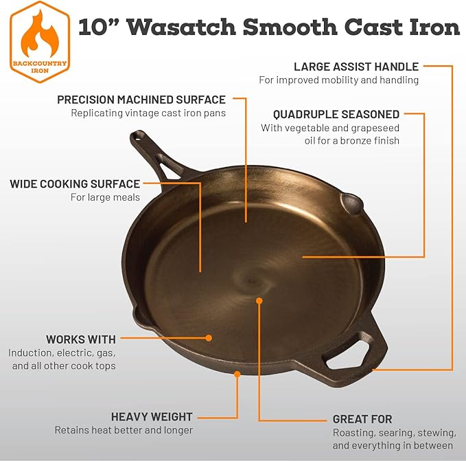 Backcountry Iron 10-1/4 Inch Smooth Wasatch Pre-Seasoned Round Cast Iron Skillet