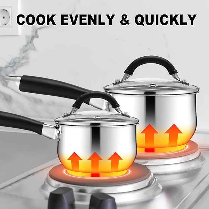 E-far 1 Quart Sauce Pan with Lid, Tri-Ply Base Stainless Steel Small Saucepan with Stay-Cool Handle, Non-toxic Kitchen Cooking Sauce Pot, Compatible with All Cooktops, Dishwasher Safe