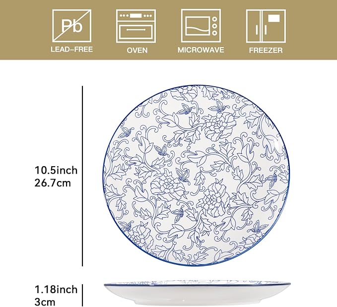 Sweejar 10.5 Inch Ceramic Dinner Plates Set, Large Porcelain Dessert Plates, Microwave & Dishwasher Safe Party Plates for Salad, Pasta, Meat Steak, Set of 6(Vintage Blue)